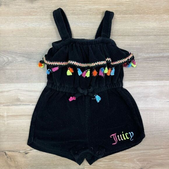 Juicy Couture Kids Size 12Mo Black Velour One Piece Romper Tassel Ruffle Trim - Picture 1 of 4